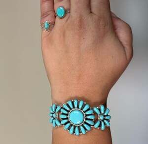 Rose Williams Signed Sterling Silver Turquoise Cabochon Flower Cuff Bracelet